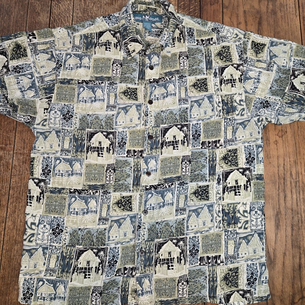 Vintage Y2k Big Dogs Hawaiian Tiki Shirt‎ S/s Button Up Size Sm/med St Bernard
